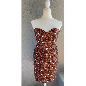 MILLY Of New York Strapless Dress Sweetheart Red Brown Geometric Pockets size 4